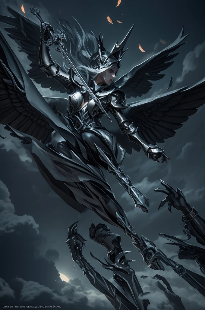 Blindfolded, divine judgement, sending from the sky, dynamic pose, Beautiful female angel with huge wings, Giant horns, facing forward, in a melancholy pose, with a beautiful sharp face, ultra detailed, hyperrealistic, Cinematic lighting, dark moody colors, dramatic shadows, complex parts, ethereal, fantasy, elegant, Photorealistic, body armor, without showing emotions, gray skin