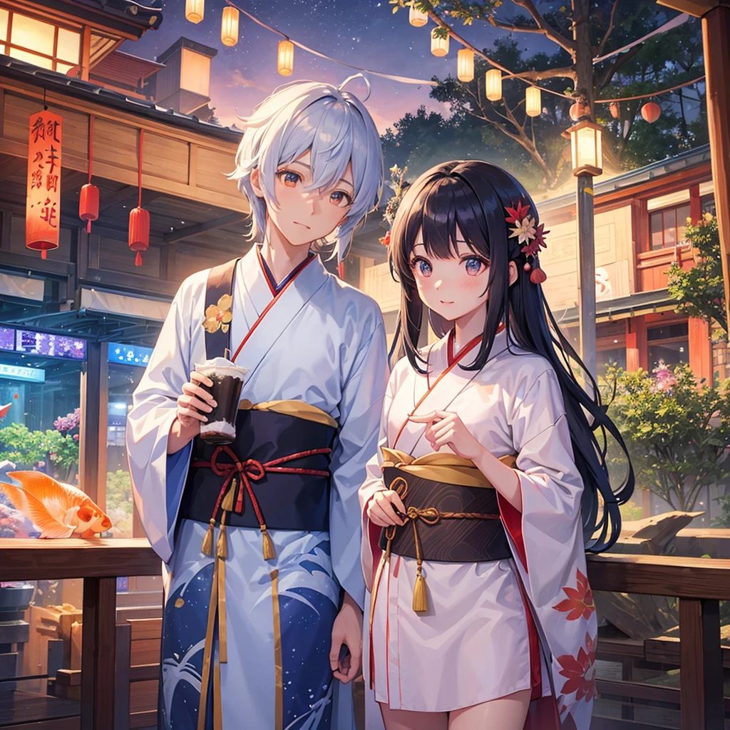Tanabata in the night sky Girls and men in Chinese style kimonos(lover) Bamboo forest and paper strips Have shaved ice restaurant Multiple display monitors in the background(anime ) Aquarium(Goldfish)