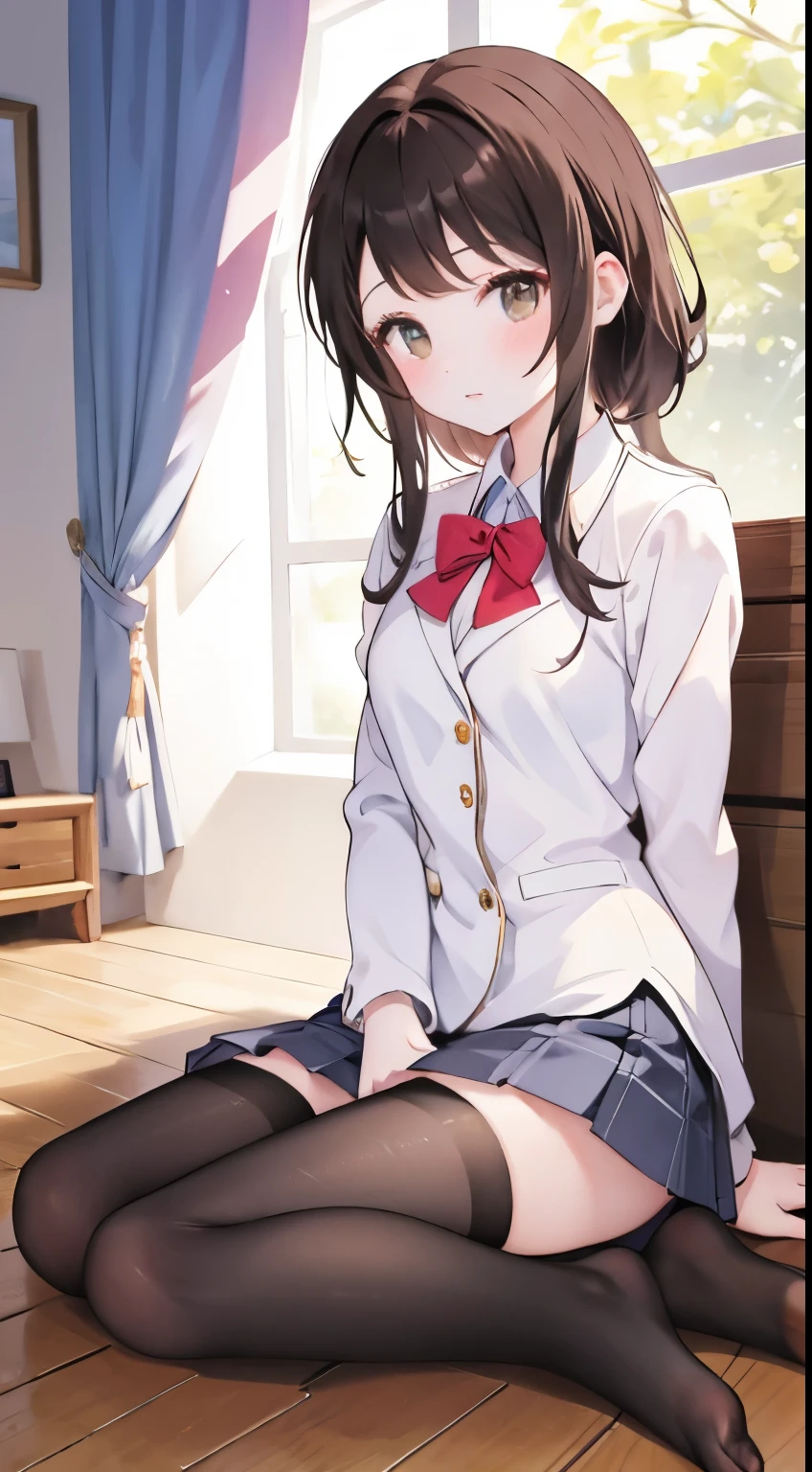 finest, masterpiece, High resolution, (Full body view from head to toe), Composition from slightly below the front, Symmetrical, 18 years old, slim and beautiful girl, alone, (small breasts), (not wearing shoes),Unkempt brown hair, bangs, (black tights), (black pantyhose), tied up with both arms hidden behind the back, , blush, shy big eyes, looking at camera, blazer uniform, plaid pleated skirt、Panties around ankles、Black knee-high socks、足を開く