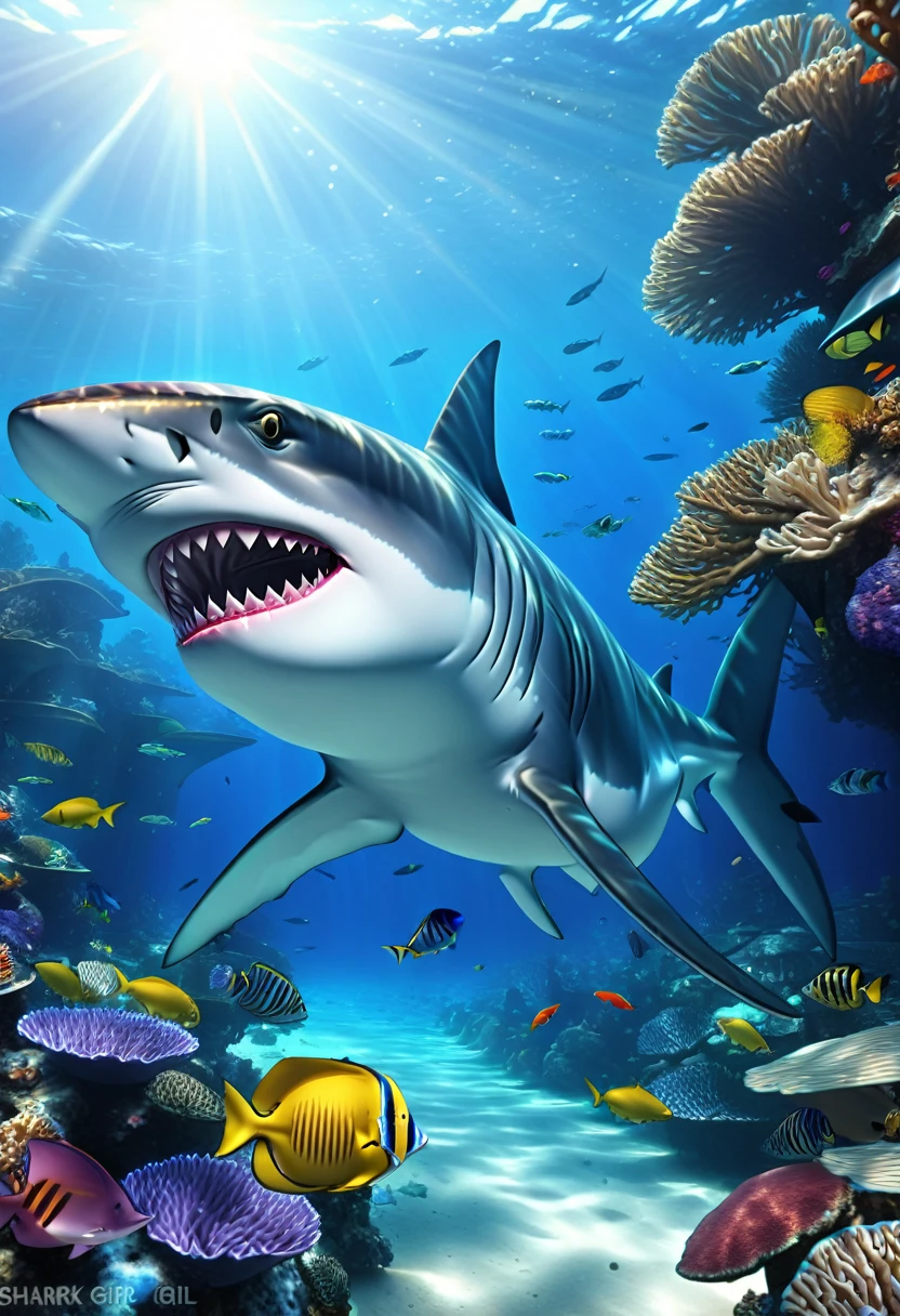 (a shark girl:2.0), beautiful detailed eyes, beautiful detailed lips, extremely detailed face and body, sharp teeth, fins, underwater scene, coral reef, schools of tropical fish, sunlight filtering through the water (best quality, 4k, 8k, high resolution, masterpiece :1.2),ultra-detailed,(realistic,photorealistic,photorealistic:1.37),vibrant colors, spectacular lighting, cinematic composition
