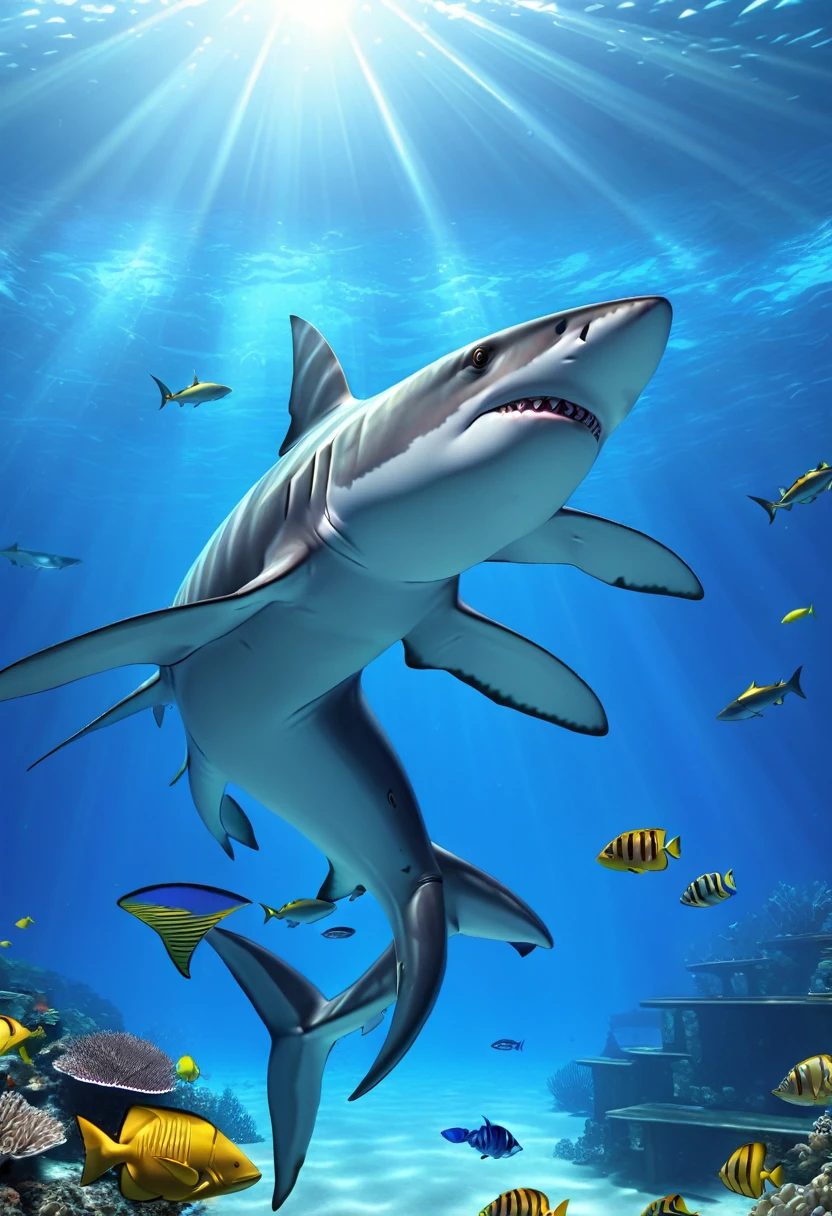 (a shark girl:2.0), beautiful detailed eyes, beautiful detailed lips, extremely detailed face and body, sharp teeth, fins, underwater scene, coral reef, schools of tropical fish, sunlight filtering through the water (best quality, 4k, 8k, high resolution, masterpiece :1.2),ultra-detailed,(realistic,photorealistic,photorealistic:1.37),vibrant colors, spectacular lighting, cinematic composition