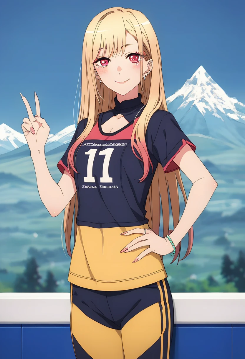 (score_9, score_8_up, score_7_up), (masterpiece, best quality, very aesthetic, ultra detailed, source anime, anime, intricate details), 1girl, solo, long hair, looking at viewer, blush, smile, blonde hair, red eyes, jewelry, earrings, piercing, ear piercing, barbell piercing, kitagawa marin, short sleeve cycling jersey, half cycling pants, mountain road, left hand peace sign, right hand on own hip, cowboy shot