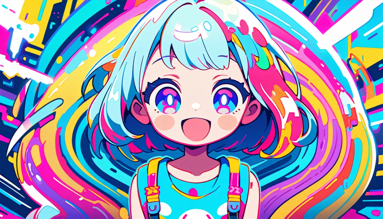 Vibrant art,pop、bright、colorful, 1 female, Light blue hair, short hair、Happy,cute, animation style, kawaii, clearly, colorful cyberpunk, bubblegum pop, cute、Pink and light blue as main colors、I'm cheering loudly、 Headphonesをしている、Headphoneusic、buzzer、buzzer, tropical,