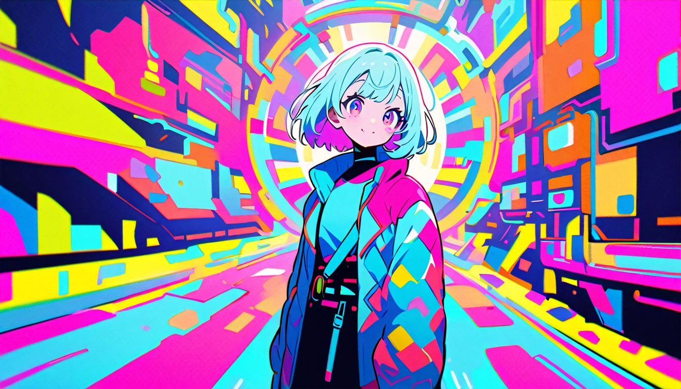 best quality, master piece, blue and pink,1 girl, short hair, fashion, jacket, robot arm, cyberpunk city, neon palette, night, city view,<lora:Blue_pink_palette:0.9>