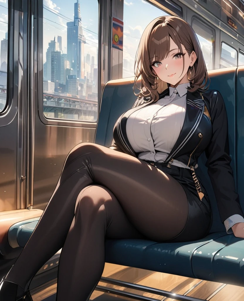 1lady solo, (sitting on train seat), (crossed legs), (stylish outfit), mature female, /(brown hair/) bangs, light smile, (masterpiece best quality:1.2) delicate illustration ultra-detailed, large breasts BREAK (train indoors), window cityscape, detailed background