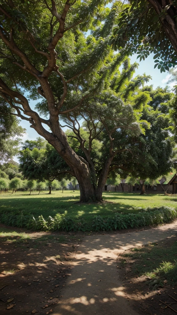 Create a scene of the village now flourishing with grand trees and abundant harvests, symbolizing the collective wisdom gained from João's experience.