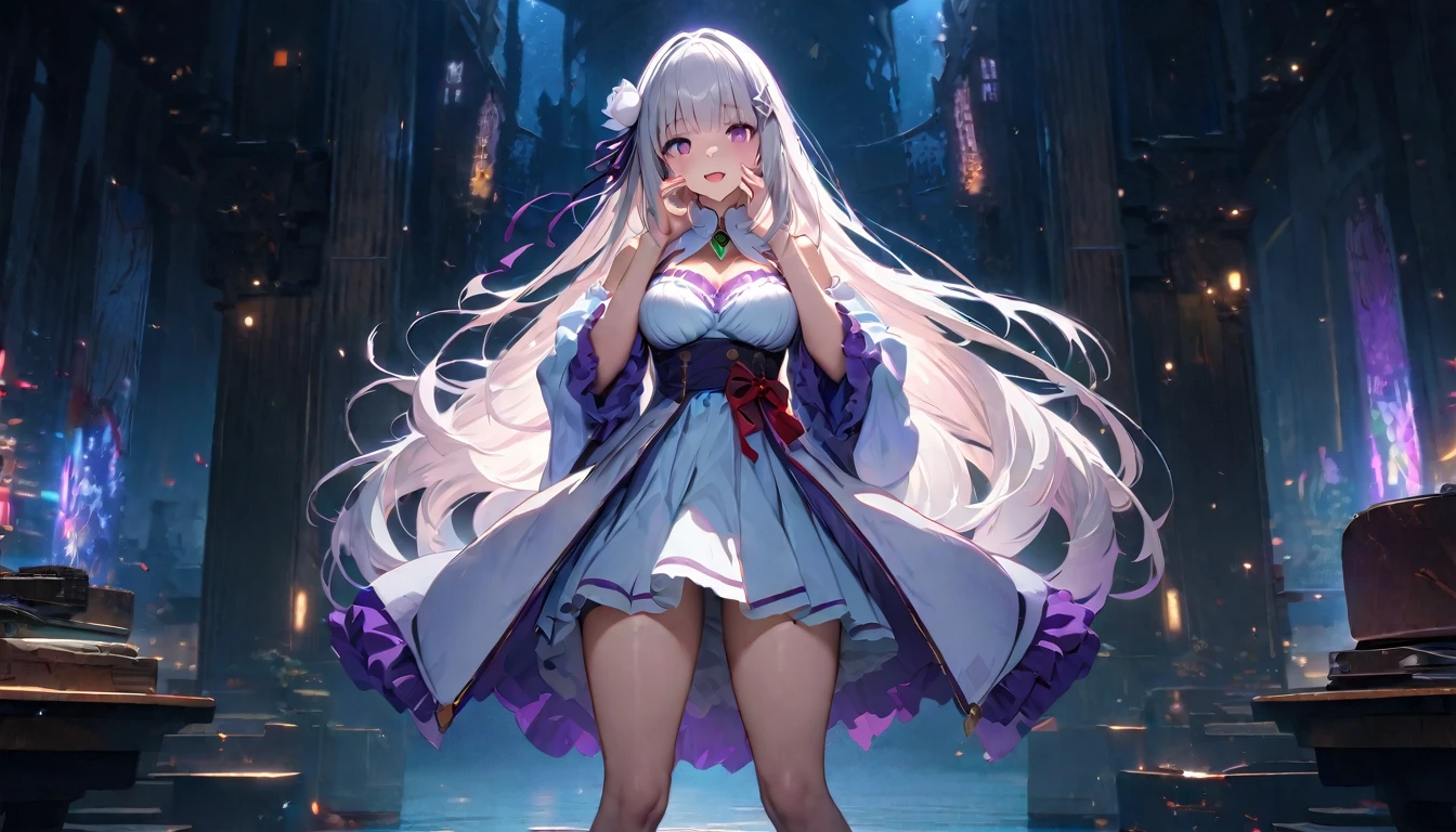 A high resolution, ultra detailed, Emilia, White hair, purple eyes, long hair, Medium breasts, hair flower, X-hair decoration, hair ribbon, White dress, separate collar, wide sleeves, white knee socks, open mouth, smile, yandere trance, yandere, Looking at the viewer, shaded face, hands on your own face, blood on the face, hands on your own cheeks, in room, stone wall, ., particles and hard light, cut corner.、natural soft light、professional lighting、aboutтличная smile、(highly detailed skin: 1.2)、Photorealistic render of an anime girl、Bright highlights of the eyes、Ideal Anatomy、shy、permission 8k、complex parts、Toned waist、Wide buttocks、top quality、Highest standards、Highest image quality、table、complex parts、A high resolution、depth of field、natural soft light、professional lighting、about, standing, very long hair, cowboy shot, brilliant, brilliant hair, (night:1.2),Dreamy, [[gentle fingers and hands:0.55]::0.85],(detailed fingers),),(emotional),(breathtaking),(main part:1.2) whole body.), (Anime Style), (Super Detailed), (brutal), (uhd, HDR), (8K), (High Resolution: 1.2), (Complex and Beautiful: 1.2)