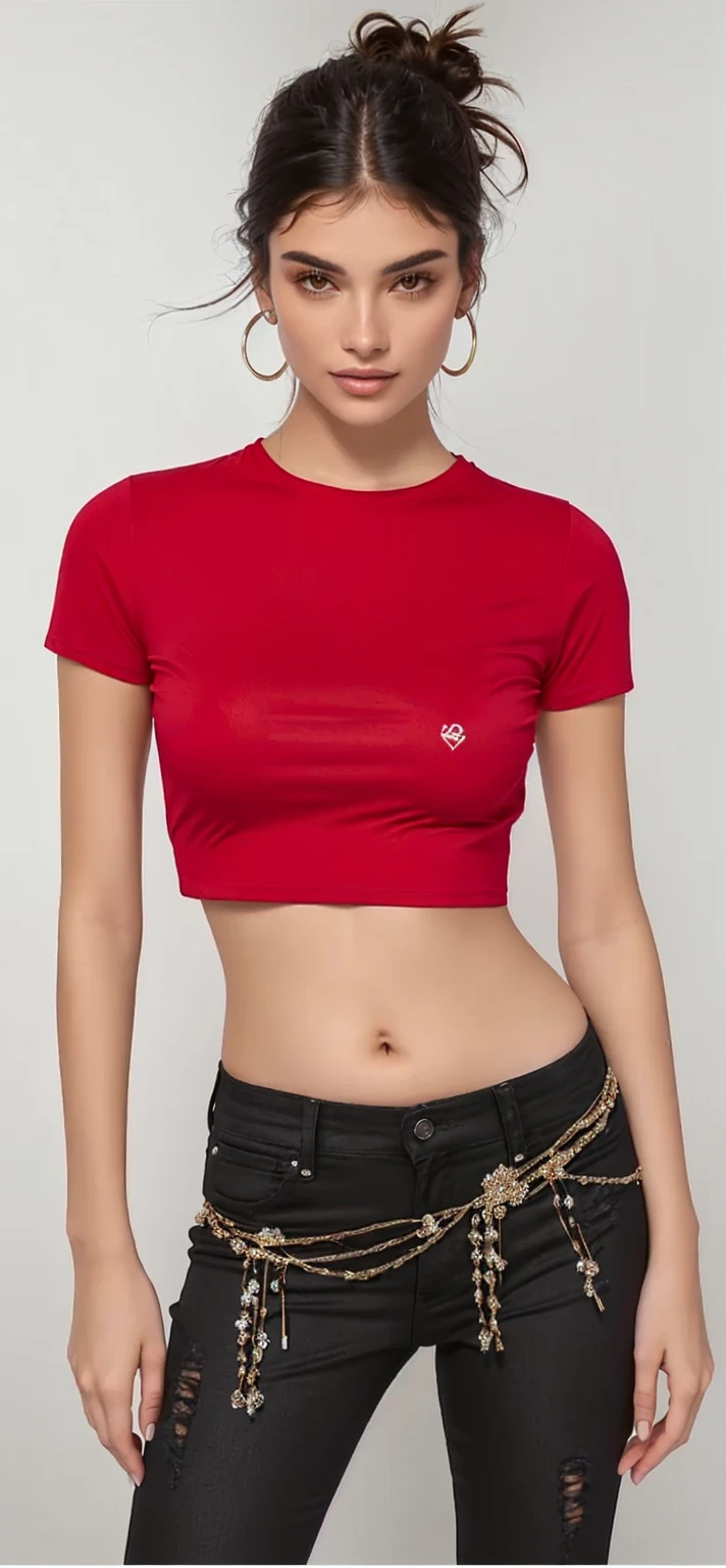 Woman wearing red t-shirt, with short black hair, green eyes, trendy pose, hip hop style, realistic image, white background, no background, full body image