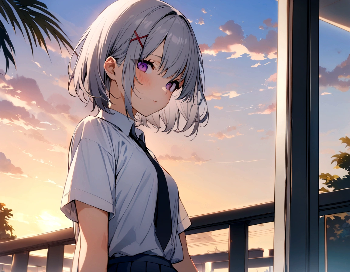 masterpiece portrait of aroused Rei Ayanami \(evangelion\), evangelion \(Hideaki\), caustics, textile shading, high resolution illustration, red eyes, feminine, no pupils, blue hair, short hair, dynamic angle, rooftop, (((night))), serafuku, ((full body shot)), dynamic pose