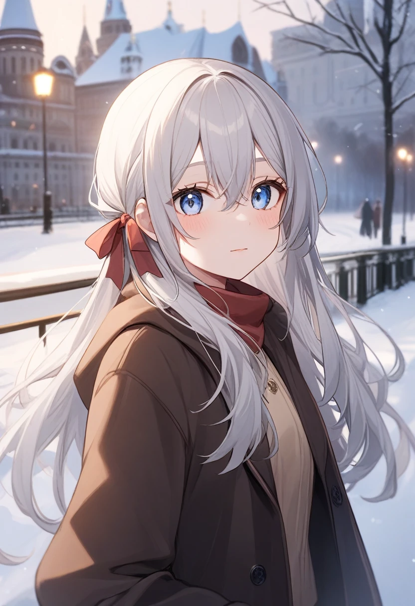 One girl, Alisa Mikhailovna Kujo,Tomorrow, my friend, Arya-san, will be visiting Russia.,alone, Long Hair, Eyebrows visible through hair, Hair between the eyes, Silver Hair, Hair Ribbon, blue eyes, Medium chest, ,Long sleeve, Jacket,Winter clothes View viewers, Highest quality, so beautiful, Moscow、It&#39;s snowing、Moscowの風景