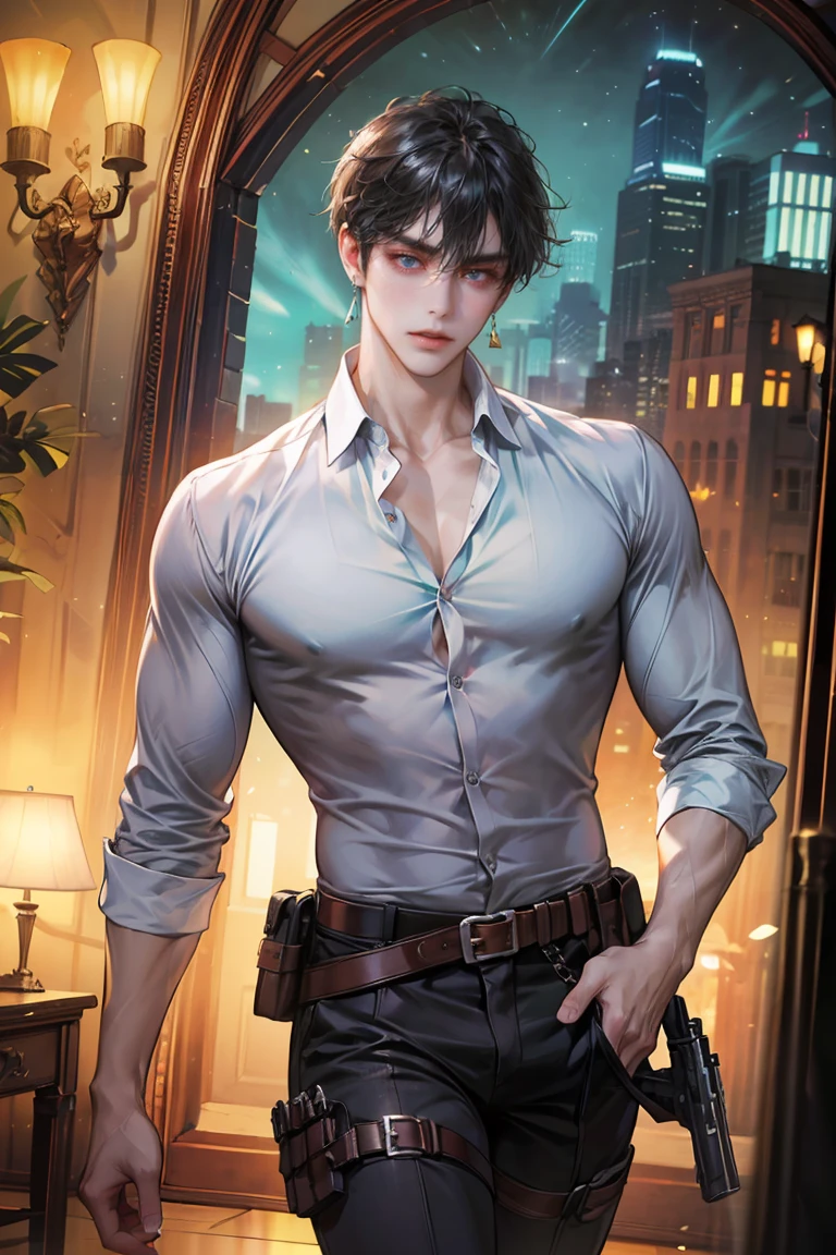 (absurdres, highres, ultra detailed, original character, HDR), 1 russian boy, solo, adult, handsome, ((tall muscular guy, broad shoulders)), finely detailed eyes, (black hair), hair between eyes, turquoise eyes, holographic, futuristic, casual and sexy outfit, gun holster, (body tight white shirt), black trouser, (large man breasts), ((wearing an earring)), cowboy shot, dutch angle, face focused, modern british colonial room, dystopian hong kong city, indoor, closed mouth, looking at viewer, depth of field, bokeh