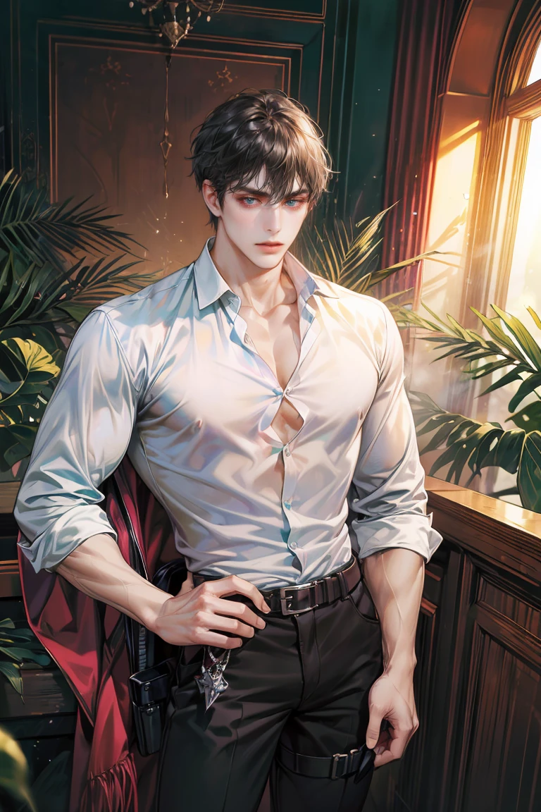 (absurdres, highres, ultra detailed, original character, HDR), 1 russian boy, solo, adult, handsome, ((tall muscular guy, broad shoulders)), finely detailed eyes, (black hair), hair between eyes, turquoise eyes, holographic, futuristic, casual and y outfit, gun holster, (body tigirt), (large man breasts), ((wen earring)), cowboy shot, dutch angle, face focused, british colonial style room, dystopian hong kong scenery, indoor, Cyan, Magenta, long face, closed mouth, looking at viewer, depth of field, bokeh