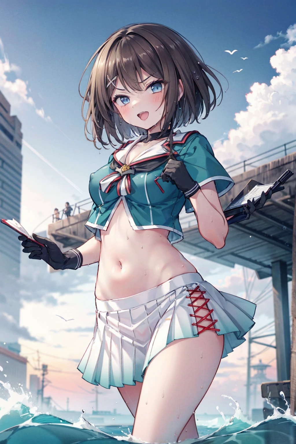 1young_teen_ girl, , brown_hair, medium_bob_hair, blue_midriff_baring_sailor_uniform, mini_skirt, short_sleeve, thighs, large_, angry, smile, open_mouth, standing, harbor_background, slightly_spread_legs, happiness, NSFW, short_gloves, wet,transparent,covered_nipples, covered_crotch