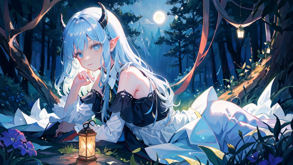 In a clearing hidden in the heart of the enchanted forest, a young demon girl rests peacefully under the silver glow of the moon. Its dark skin contrasts with its folded iridescent wings, which cover it like a protective blanket. Its delicately curved horns glow faintly, and a lock of jet-colored hair falls gracefully across its serene face. Around her, the vegetation seems to vibrate gently, as if nature itself was respecting her sleep. The atmosphere is full of mystery and magic, while the silence of the night is broken only by the whisper of the wind and the distant song of nocturnal creatures.
