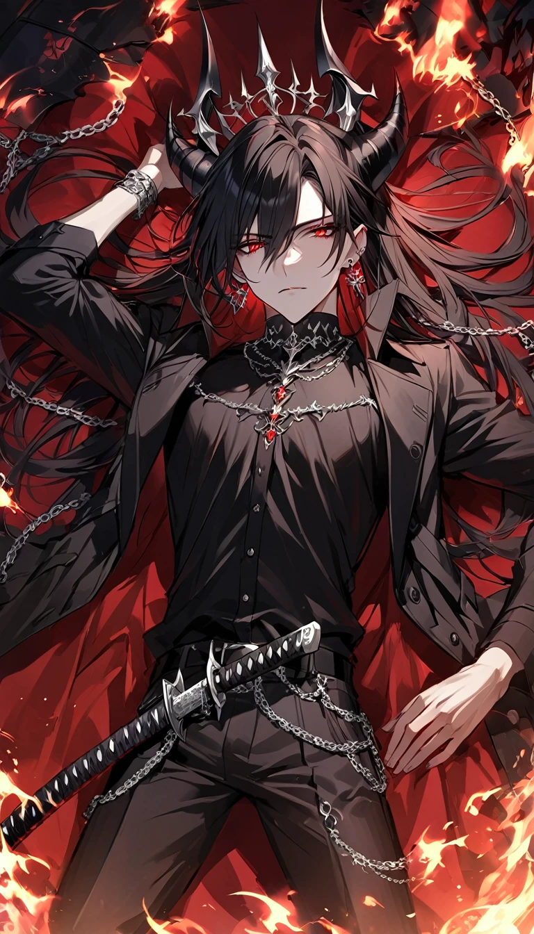 alone, good looking, 1 male, Long hair, Middle parted, Black hair, Red eyes, Black shirt, White Thailand, Black Trench Coat, Royal Silver Jewellery, Royal Demon Earrings, Black horns, Demon Crown, Demonic Katana, Chain, On Back, Demonic Black flames Aura