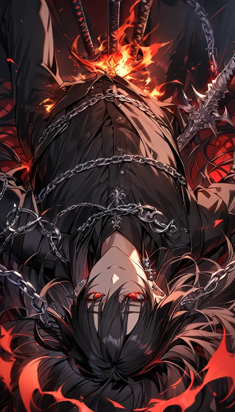 alone, good looking, 1 male, Long hair, Middle parted, Black hair, Red eyes, Black shirt, White Thailand, Black Trench Coat, Royal Silver Jewellery, Royal Demon Earrings, Black horns, Demon Crown, Demonic Katana, Chain, On Back, Demonic Black flames Aura