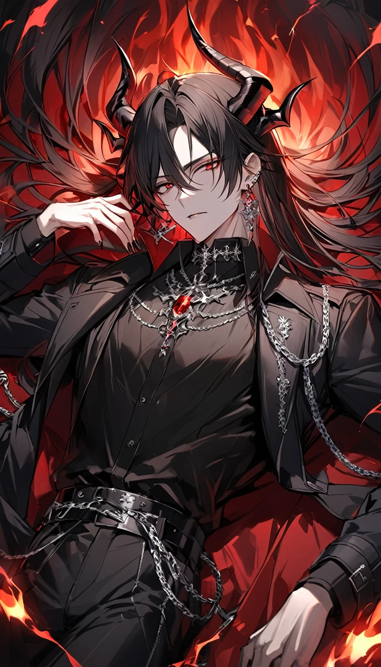 alone, good looking, 1 male, Long hair, Middle parted, Black hair, Red eyes, Black shirt, White Thailand, Black Trench Coat, Royal Silver Jewellery, Royal Demon Earrings, Black horns, Demon Crown, Demonic Katana, Chain, On Back, Demonic Black flames Aura
