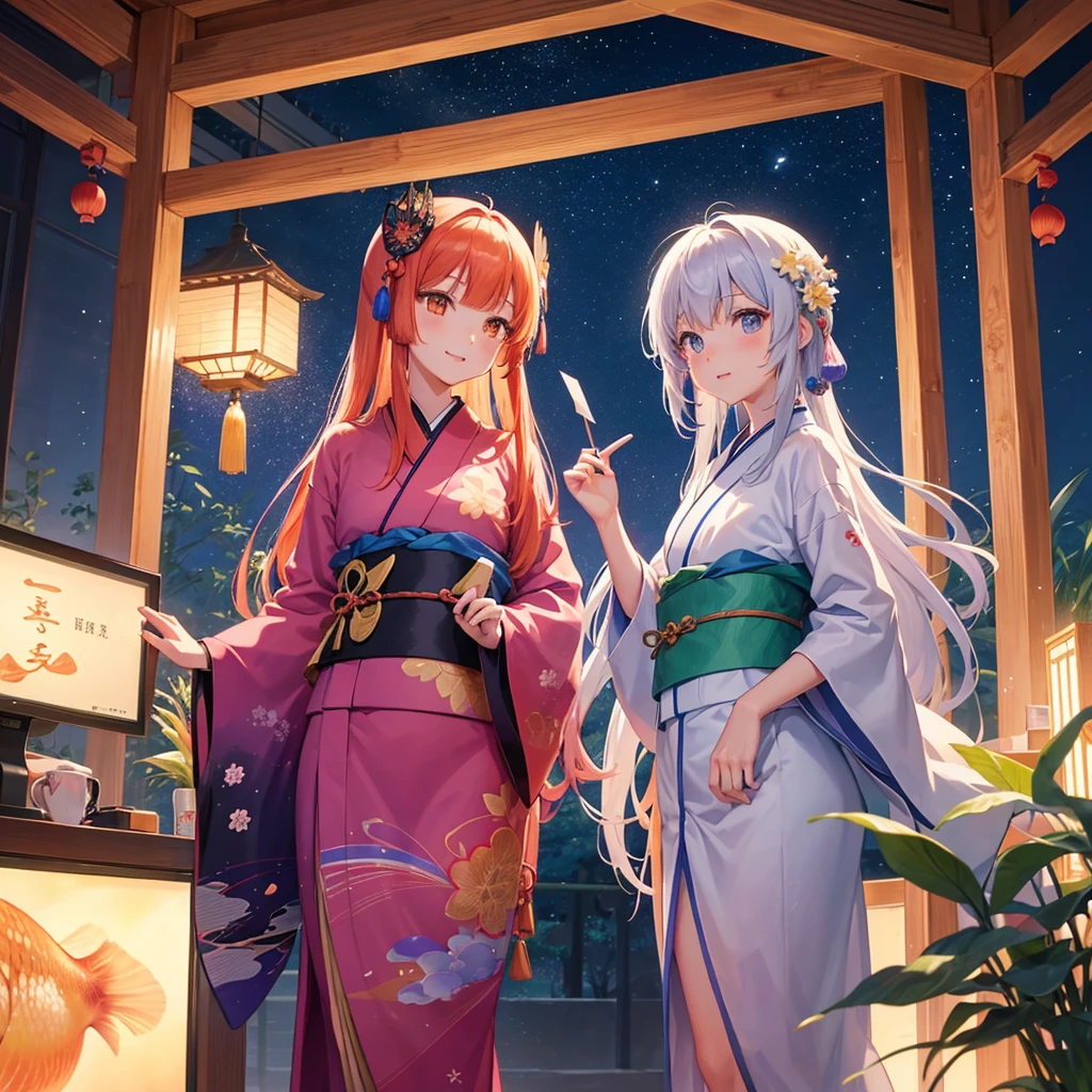 Tanabata in the night sky Girls and men in Chinese style kimonos(lover) Bamboo forest and paper strips Have shaved ice restaurant Multiple display monitors in the background(anime ) Aquarium(Goldfish)