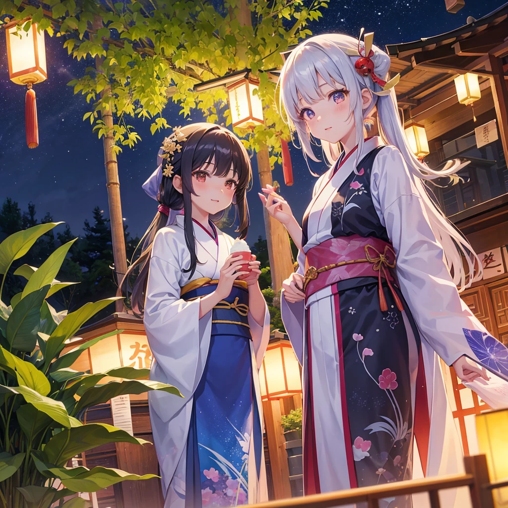 Tanabata in the night sky　Girls and men in Chinese style kimonos（lover）　Bamboo forest and paper strips　Have shaved ice　restaurant　Multiple display monitors in the background（anime　）　Aquarium（Goldfish）