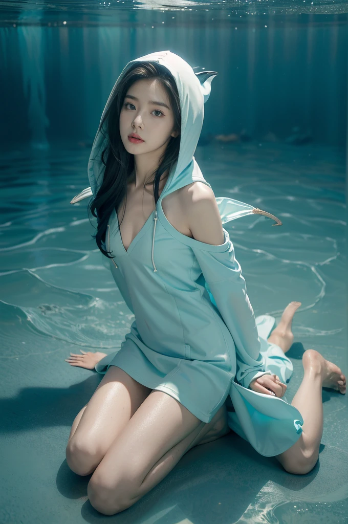 (((best quality))),(((ultra detailed))),(((masterpiece))),illustration,(1 beautiful girl,shark girl,solo),((slim,thin,small breasts,flat chest)),aquarium,summer night,(sleek sharkhead-hooded shirt-dress:1.3),shimmering hues,enchanting aura,(shoulder length straight bob hair:1.2),ocean-blue locks,shiny seaweed,porcelain skin,neon lights,emerald eyes,sharp gaze,delicate shark fin,translucent membrane,dancing fish,vibrant colors,undulating water,salty scent,distant waves,coral reef,gentle shadows,serene ambiance,electric atmosphere,Alezandra,oceanic magic,allure,enchantment,vision,extraordinary presence,((from front,full body))