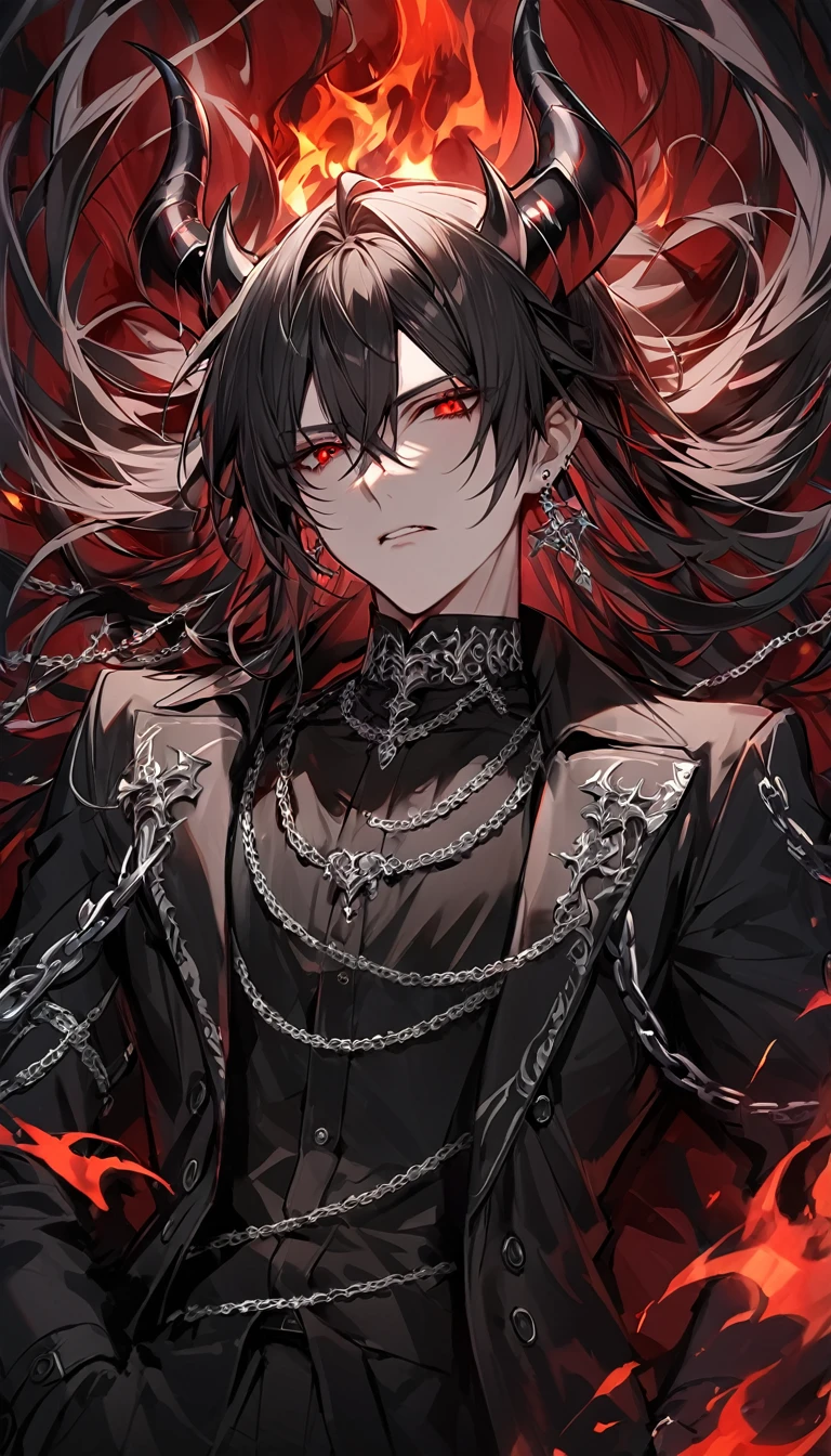 alone, good looking, 1 male, Long hair, Middle parted, Black hair, Red eyes, Black shirt, White Thailand, Black Trench Coat, Royal Silver Jewellery, Royal Demon Earrings, Black horns, Demon Crown, Demonic Katana, Chain, On Back, Demonic Black flames Aura