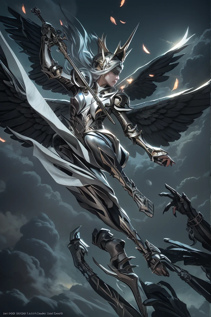 Blindfolded, divine judgement, sending from the sky, dynamic pose, Beautiful female angel with huge wings, Giant horns, facing forward, in a melancholy pose, with a beautiful sharp face, ultra detailed, hyperrealistic, Cinematic lighting, dark moody colors, dramatic shadows, complex parts, ethereal, fantasy, elegant, Photorealistic, body armor, without showing emotions, gray skin