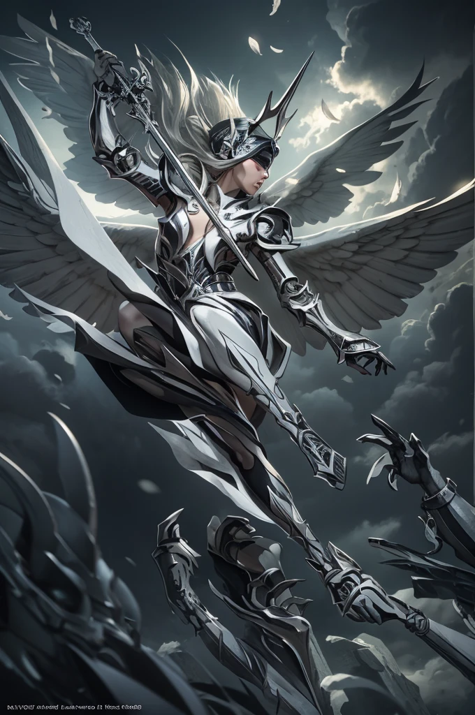 Blindfolded, divine judgement, sending from the sky, dynamic pose, Beautiful female angel with huge wings, Giant horns, facing forward, in a melancholy pose, with a beautiful sharp face, ultra detailed, hyperrealistic, Cinematic lighting, dark moody colors, dramatic shadows, complex parts, ethereal, fantasy, elegant, Photorealistic, body armor, without showing emotions, gray skin