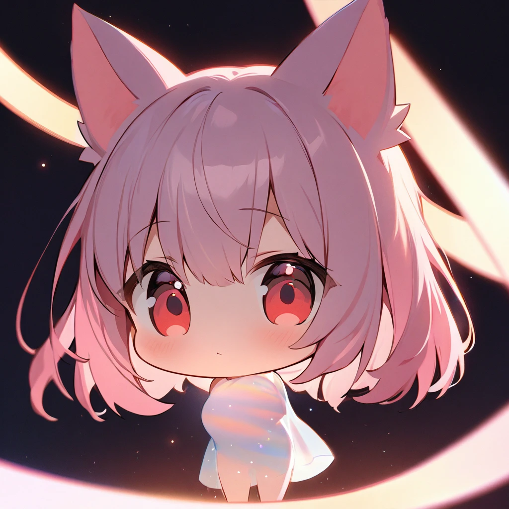 Top quality, masterpiece, chibi character, pink hair, animal ears girl, red eyes, dark background, double exposure, shadows covering the body, fantastic light curtain,モノクロ