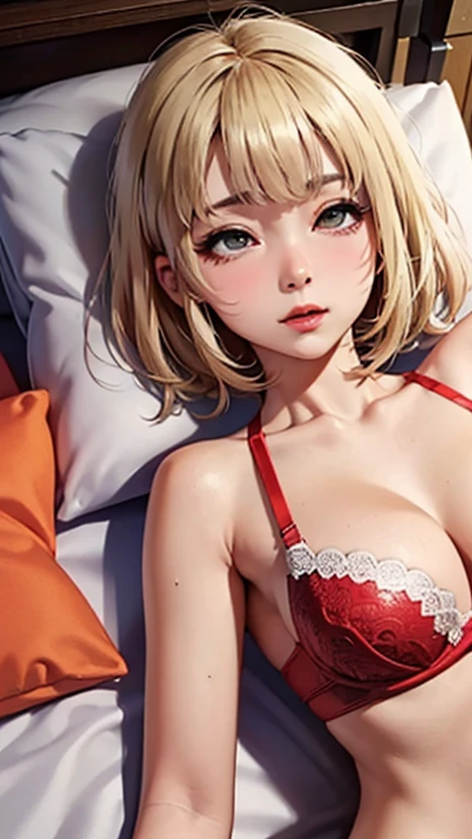 ((Browsing Caution:1.4, masterpiece, Highest quality, High resolution, 超High resolution, Pixel perfect, Written boundary depth, 4K, RTTX10.0, High resolution))), One Girl, single, alone, she, Beautiful Anime Girls, Beautiful art style, Anime characters, (((((short hair、Blonde、lure、joy))))), ((Beautiful eyelashes)), ((Detailed face, Blushing:1.2)), ((Smooth texture:0.75, Realistic texture:0.5, Anime CG Style)), ((Beautiful and large breasts, Cleavage)), indoor, Bedroom, Dynamic Angle, Big Breasts, Perfect body, Underarm, ((Sleeping in bed, (Sleep on your back:1.5), sleepy, close your eyes, Lying in bed, Sleeping posture, Wake up)), ((close, throw, cute, Shoot the body, Sighing expression)), ((red bra color, Red Lingerie)), (Natural light, Reflection of light, Morning Scenery), Embarrassed expression, (Expression of sexual pleasure:1.8), (Expression of unbearable pain:1.2), The expression of someone who is holding back from going to the toilet, twist, Raise your hand