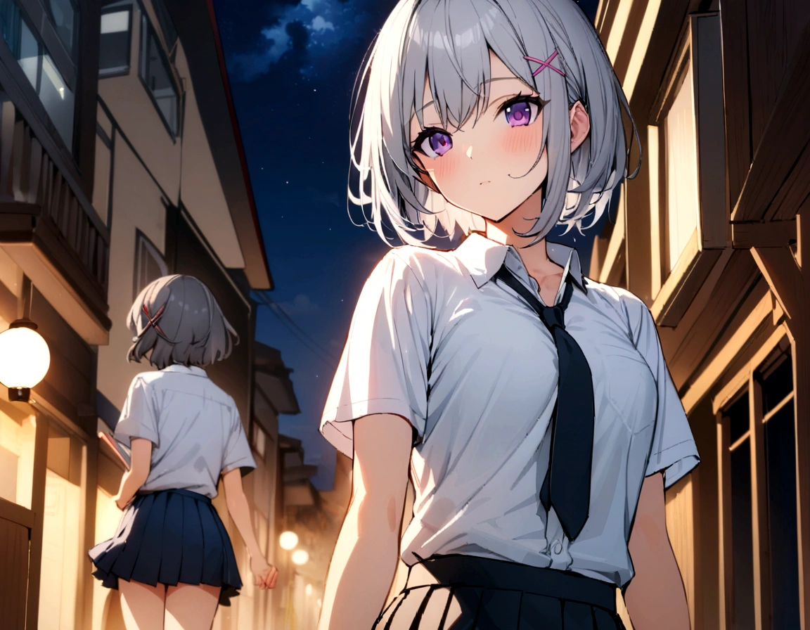 short hair, (Gray Hair:1.2), X Hair Ornament, Purple eyes,tie, girl,One person, Collared shirt, White shirt, Short sleeve, Pleated skirt, student, Highest quality, masterpiece, High resolution, summer,night