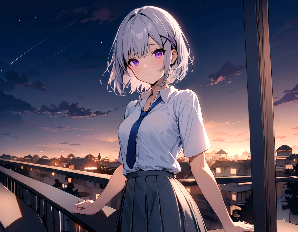 short hair, (Gray Hair:1.2), X Hair Ornament, Purple eyes,tie, girl,One person, Collared shirt, White shirt, Short sleeve, Pleated skirt, student, Highest quality, masterpiece, High resolution, summer,night、the way、City、Sadness、