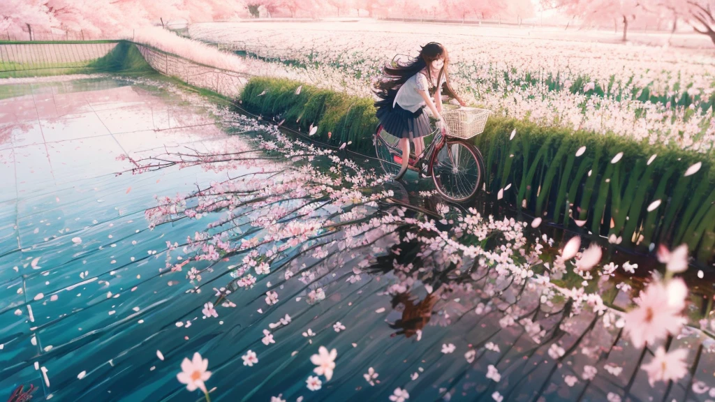 Girl with long flowing hair,Wearing a white shirt,Knee-length pleated skirt,Riding a white bicycle in a field of cherry blossoms