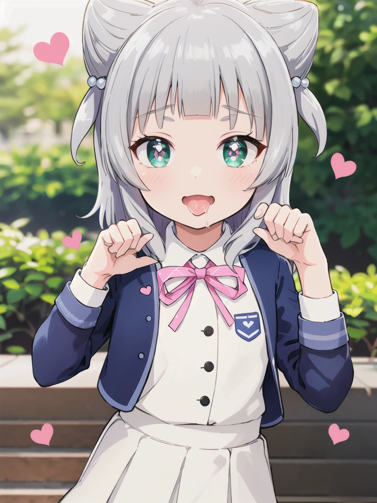 Outdoor,((the way)),, 1girl,Green Eyes, Grey Hair, hair ornaments, bangs, Virtual YouTuber,smile,heart shaped pupils, blunt bangs, Double Bang, Animal ears, Flat Chest,uniform,Navy Blue Blazer,White shirt,Pink ribbon,Grey Skirt,,(claw pose),Open your mouth wide,upper body,Dripping saliva