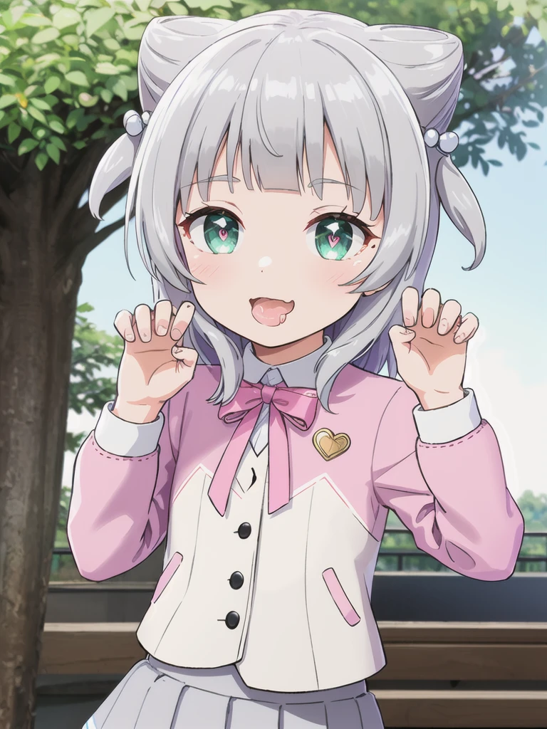 Outdoor,((the way)),, 1girl,Green Eyes, Grey Hair, hair ornaments, bangs, Virtual YouTuber,smile,heart shaped pupils, blunt bangs, Double Bang, Animal ears, Flat Chest,uniform,Navy Blue Blazer,White shirt,Pink ribbon,Grey Skirt,,(claw pose),Open your mouth wide,upper body,Dripping saliva