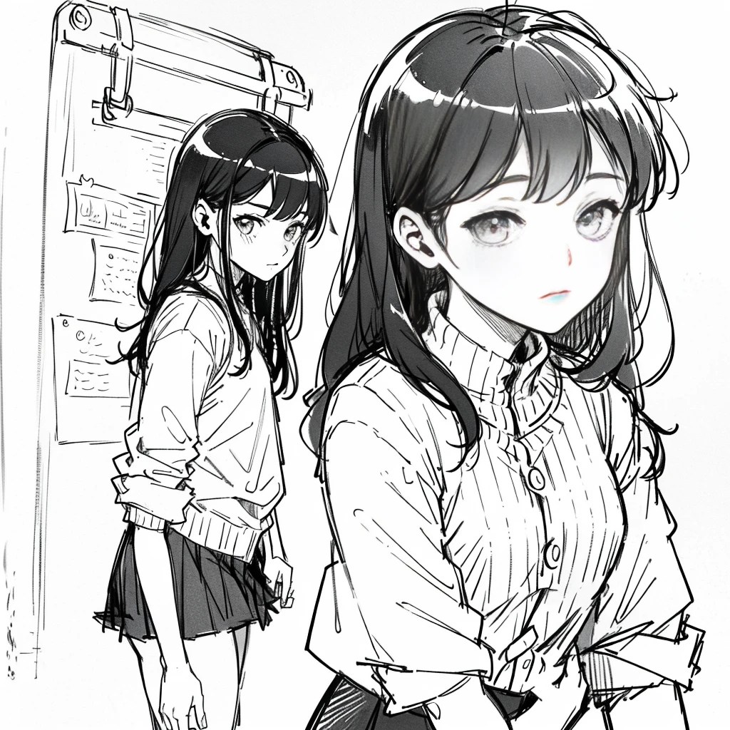 One Girl,Line art,Monochrome,sketch,Pencil drawing,Traditional Media,One Girl, skirt,Cute Teenage Girls, ,Beautiful portrait、Delicate body、Black Hair、Black Hair,landscape (Multiple Views, Multiple Angles), Side view, Front view, look up, Look down, Rear View, 20-degree head view