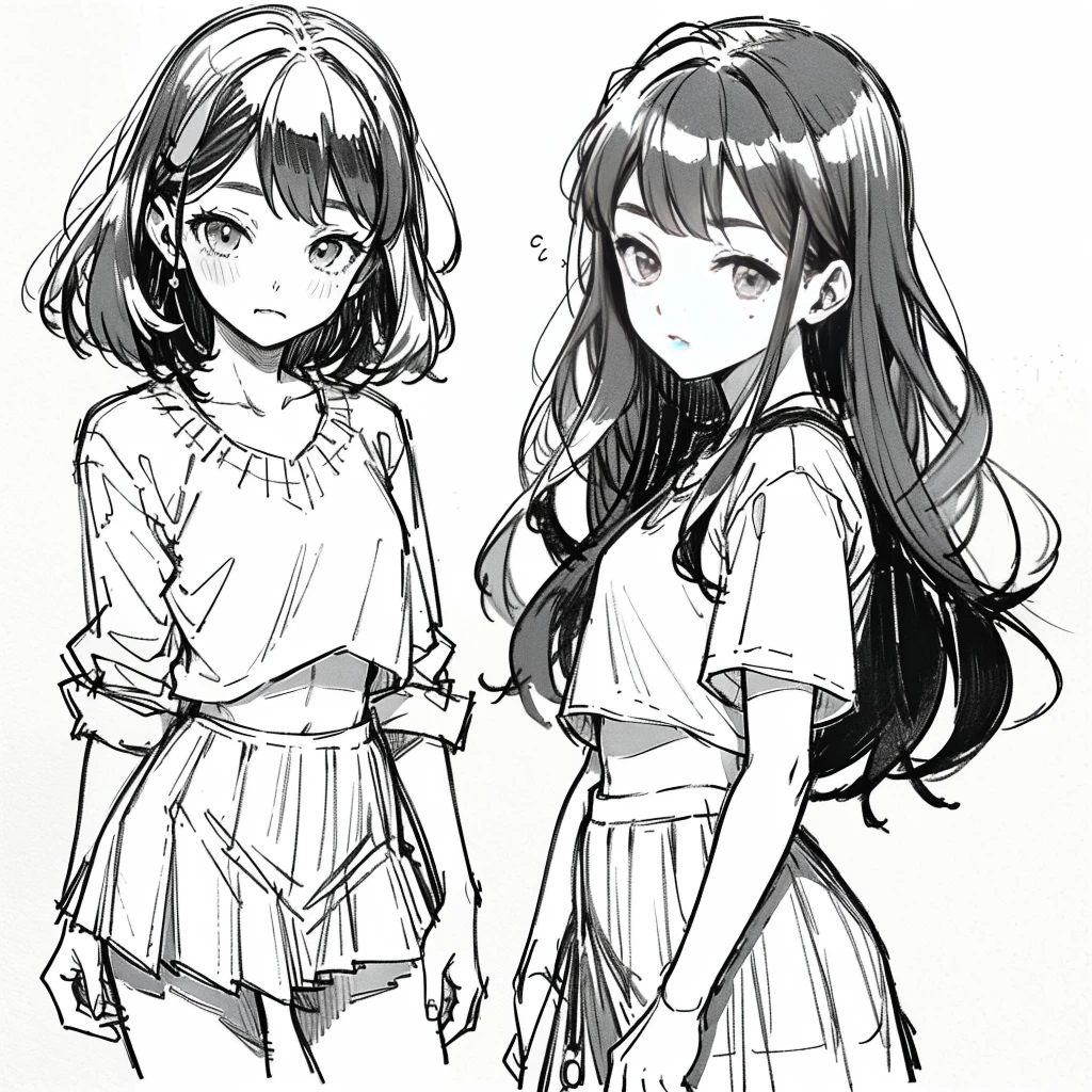 One Girl,Line art,Monochrome,sketch,Pencil drawing,Traditional Media,One Girl, skirt,Cute Girls, ,Beautiful portrait、Delicate body、Black Hair、Black Hair,landscape,Black and White