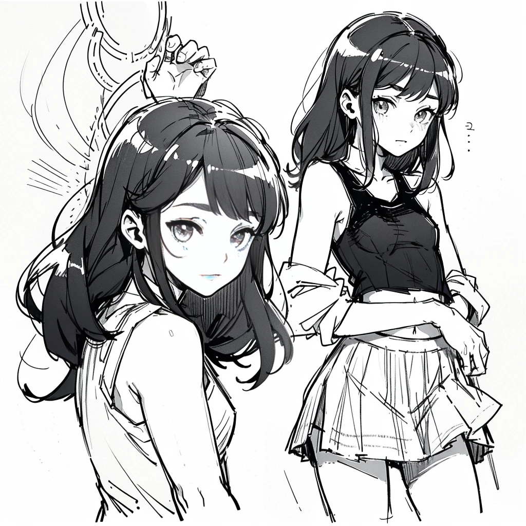 One Girl,Line art,Monochrome,sketch,Pencil drawing,Traditional Media,One Girl, skirt,Cute Girls, ,Beautiful portrait、Delicate body、Black Hair、Black Hair,landscape,Black and White