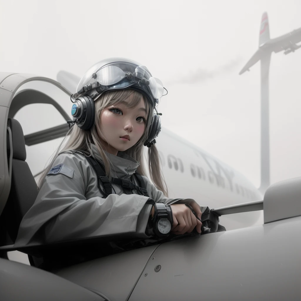 Japanese girl in pilot helmet sitting in airplane, Long Hair, Adding color