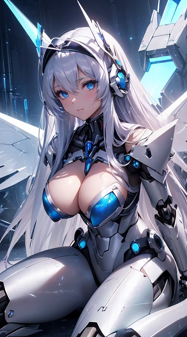 (Sit on one knee on the machine:1.6)、(Full body description:1.3)、((Shining lenses on both breasts:1.3))、((Blue pillars of light are emanating from both chests.:1.3))、smile、((8K)), ((32k)), ((Highest quality)), ((masterpiece)), ((超A high resolution)), ((Tmasterpiece)), ((Halation:1.4))、((Mechaニカルheadgear:1.2))、((Cyber Headphones:1.3))、Fine skin, High quality fabric, Fine metal texture、((Beautiful and dense face))、RAW Photos、Professional, Ultra-fine painting, ((alone)), Beautiful breasts、Highest quality, Very detailed, Very detailed詳細, Finer details, so beautiful, ((Princess Knight Robot:1.2)),  (Joints of machines, Mechanical Limbs:1.3), (The internal structure of the machine is exposed:1.3), (Long silver hair:1.1), (Beautiful and huge mechanical breasts)、White Veil, cowboy_shot, Side Focus, headgear, Shiny、(Five Fingers, Four fingers and thumb),Concept Art, Anime fantasy artwork, Detailed fantasy art, (with pale blue-violet hair and large white wings,,,,,,,), (((Long silver hair))), (Mecha:1.6)、Sleek and intimidating design, ((Commander-in-Chief&#39;arm)), (Perfect robot body)、純白と青紫armまたは, Symmetrical wings, 8K high quality, detailed art, 3D rendering of character art in 8K, neat legs, Defined, Defined fingers,