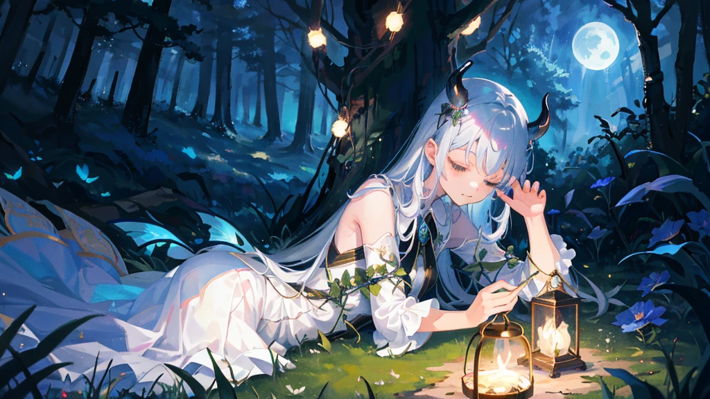 In a clearing hidden in the heart of the enchanted forest, a young demon girl rests peacefully under the silver glow of the moon. Its dark skin contrasts with its folded iridescent wings, which cover it like a protective blanket. Its delicately curved horns glow faintly, and a lock of jet-colored hair falls gracefully across its serene face. Around her, the vegetation seems to vibrate gently, as if nature itself was respecting her sleep. The atmosphere is full of mystery and magic, while the silence of the night is broken only by the whisper of the wind and the distant song of nocturnal creatures.sleep