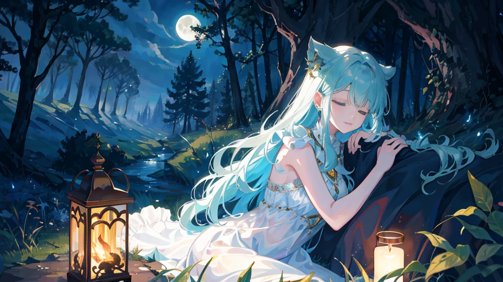 In a clearing hidden in the heart of the enchanted forest, a young demon girl rests peacefully under the silver glow of the moon. Its dark skin contrasts with its folded iridescent wings, which cover it like a protective blanket. Its delicately curved horns glow faintly, and a lock of jet-colored hair falls gracefully across its serene face. Around her, the vegetation seems to vibrate gently, as if nature itself was respecting her sleep. The atmosphere is full of mystery and magic, while the silence of the night is broken only by the whisper of the wind and the distant song of nocturnal creatures.sleep