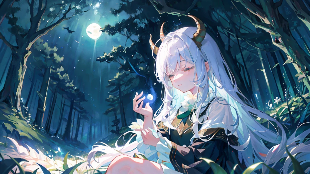 In a clearing hidden in the heart of the enchanted forest, a young demon girl rests peacefully under the silver glow of the moon. Its dark skin contrasts with its folded iridescent wings, which cover it like a protective blanket. Its delicately curved horns glow faintly, and a lock of jet-colored hair falls gracefully across its serene face. Around her, the vegetation seems to vibrate gently, as if nature itself was respecting her sleep. The atmosphere is full of mystery and magic, while the silence of the night is broken only by the whisper of the wind and the distant song of nocturnal creatures.sleep