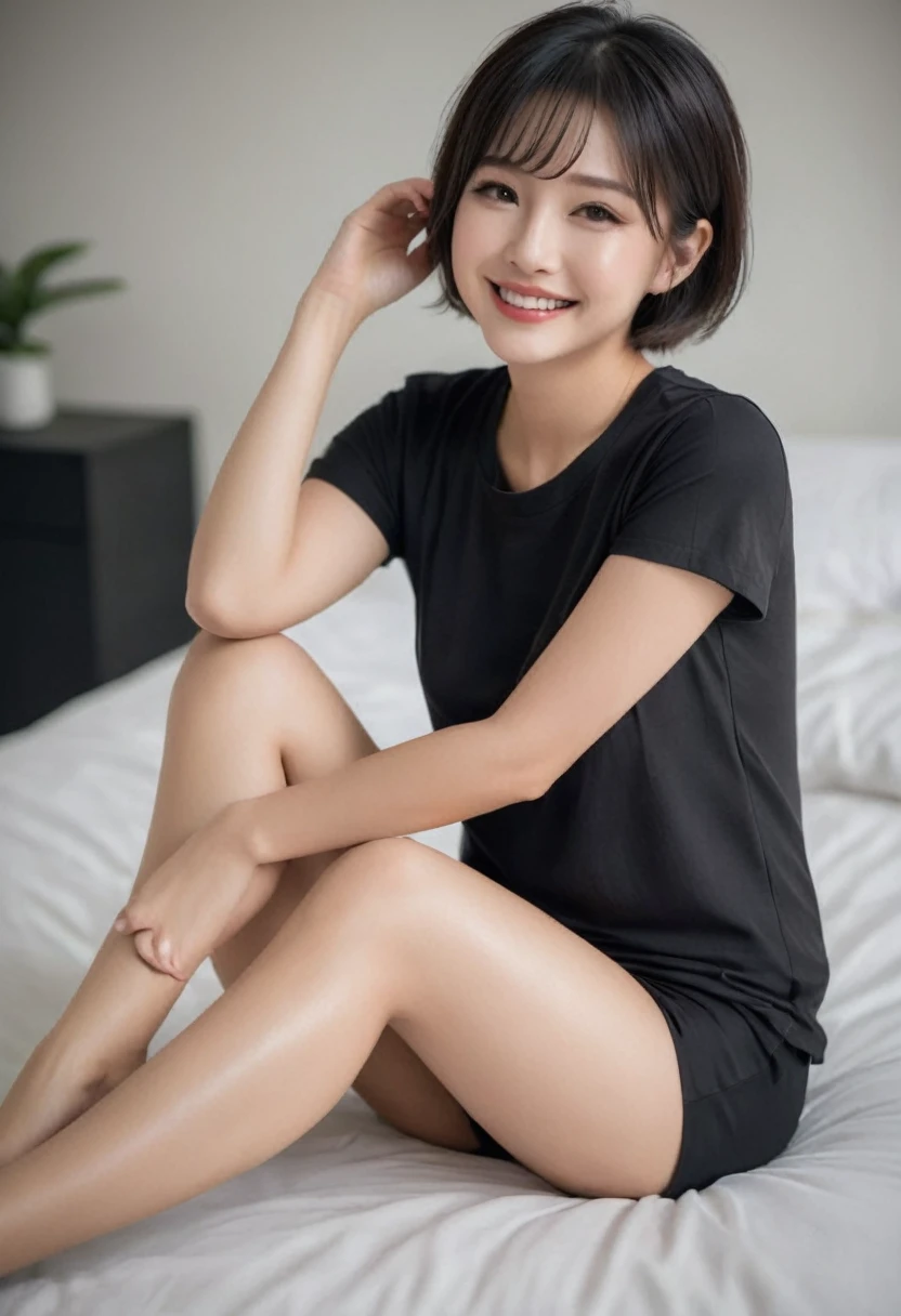 Women, Asian, sitting on a bed, with short hair up, Abella black color, Well defined face, a black shirt, bare legs, black panties, showing the soles of his feet, while smiling sarcastically.