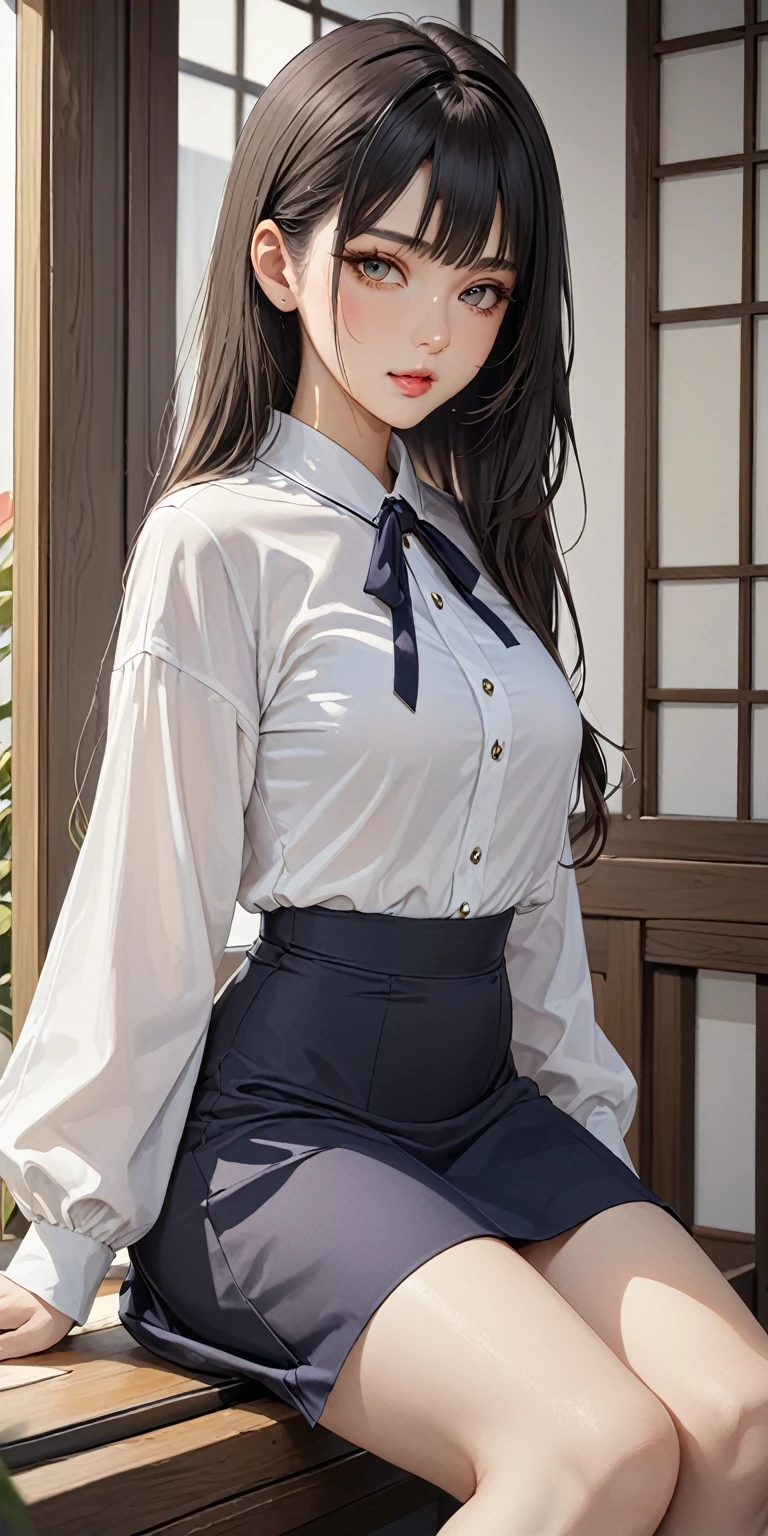 Portraiture、(masterpiece,Highest quality,Ultra-high resolution),Japanese women, (((Very beautiful 25 year old girl))),Lightweight long-sleeved blouse、((A simple high-waisted skirt))、Skirt length to ankle