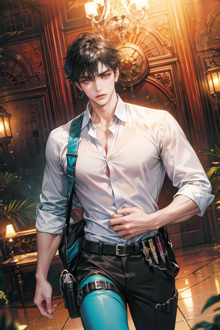 (absurdres, highres, ultra detailed, original character, HDR), 1 russian boy, solo, adult, handsome, ((tall muscular guy, broad shoulders)), finely detailed eyes, (black hair), hair between eyes, turquoise eyes, holographic, futuristic, casual and sexy outfit, gun holster, (body tight white shirt), (large man breasts), ((wearing an earring)), cowboy shot, dutch angle, face focused, british colonial room scenery, dystopian hong kong city, indoor, Cyan, Magenta, long face, closed mouth, looking at viewer, depth of field, bokeh