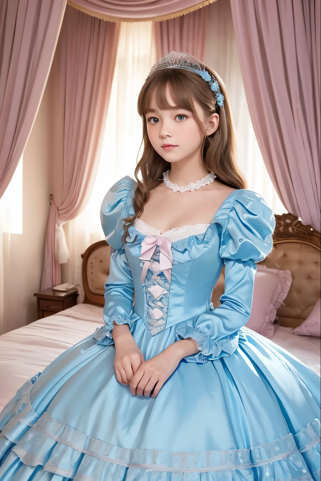 highest quality, masterpiece, highest resolution, artwork, super それにget used to it, many get used to it, get used to it, それにget used to it, 3k realistic pictures,,((12 year old little girls)),Ultra-detailed juvenile face,ultra-detailed beautiful little girls,girls are princess,full length ball gown dress with hoop skirt,ruffled yoke collar,puff sleeves,long sleeve,((Lolita style light blue detailed princess satin dress with lots of ruffles and ribbons)),Rococo style lolita fashion,shiny satin dress,Soft and smooth fabric,detailed princess dress,luxury,long blonde hair,blue eyes,white skin european,Pajama,((in the bedroom of the palace)),luxury princess canopy king size pink bed,shiny satin sheets,ultra-detailed princess bed,High-quality background,lot of frilled pillows,on the bed,