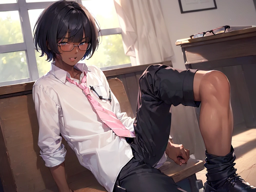 (1 feminine boy solo:1.7),(dark skin:1.5),(masterpiece:1.2), highest quality, High resolution, unity 8k wallpaper, (fine and beautiful eyes:1.6), highly detailed face, perfect lighting, Detailed CG, (perfect hands, perfect anatomy),20 years old, (black hair:1.3), detailed eyes, best quality, extremely detailed, very precise detailed, (glasses:1.4), (blunt bangs:1.5), (open mouth:1.2), (short hair:1.5), (evil smile:1.4), , (half closed eyes:1.3) ,long sidelocks, (blush:1.3),(sit on desk:1.3),(Put left knee in front:1.5),(boy's school uniform long pant:1.5),(loosen necktie:1.2),spread legs,knee up,loose shirt