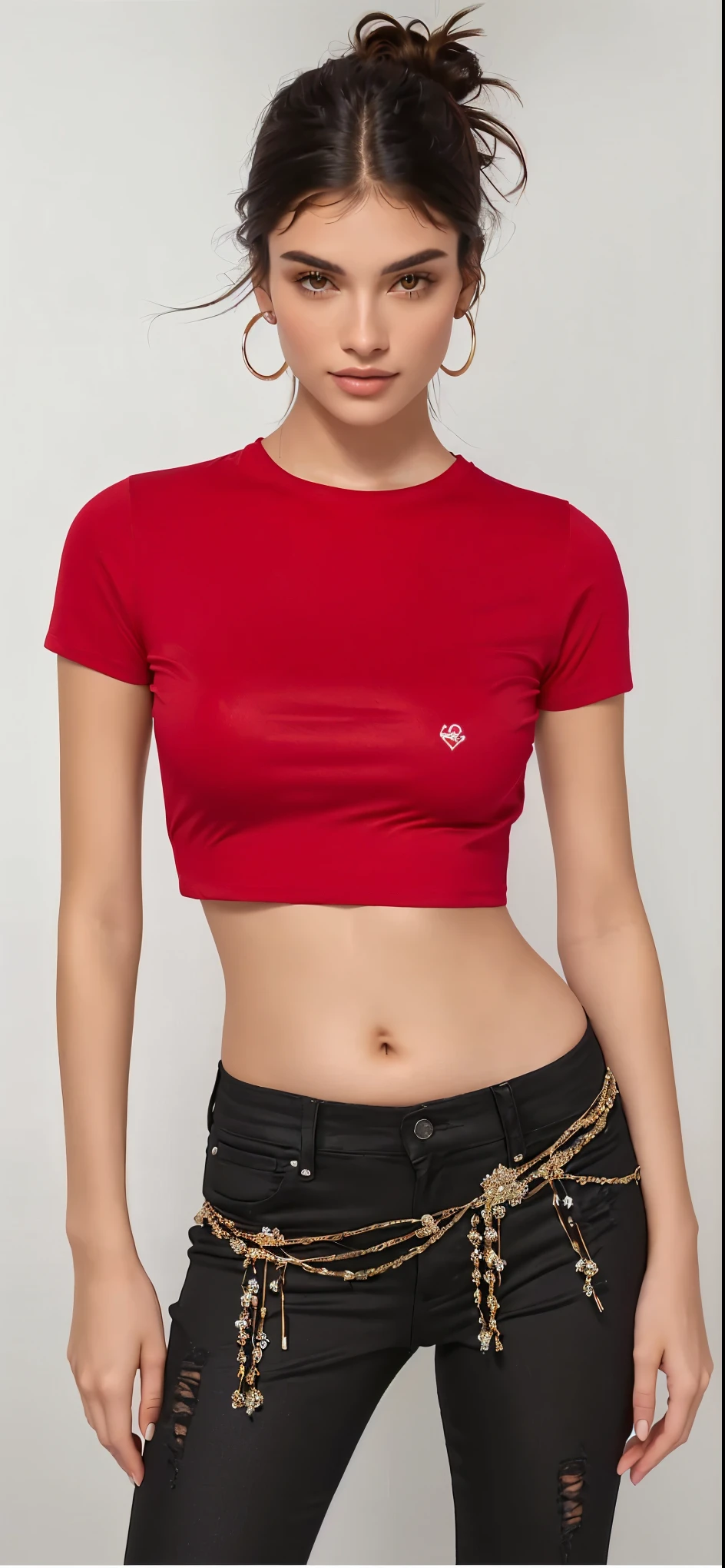 a woman in a vermelho shirt and black pants posing for a picture, com camiseta rasgada, corte superior, vermelho shirt, vermelho t-shirt, corte superior, usando um top cropped sexy, vestindo um top cortados, wearing corte superior, 2 modelo feminino de 4 anos, vestindo um top cortado, camisa apertada, vermelho clothes, barriga exposta, vermelho
