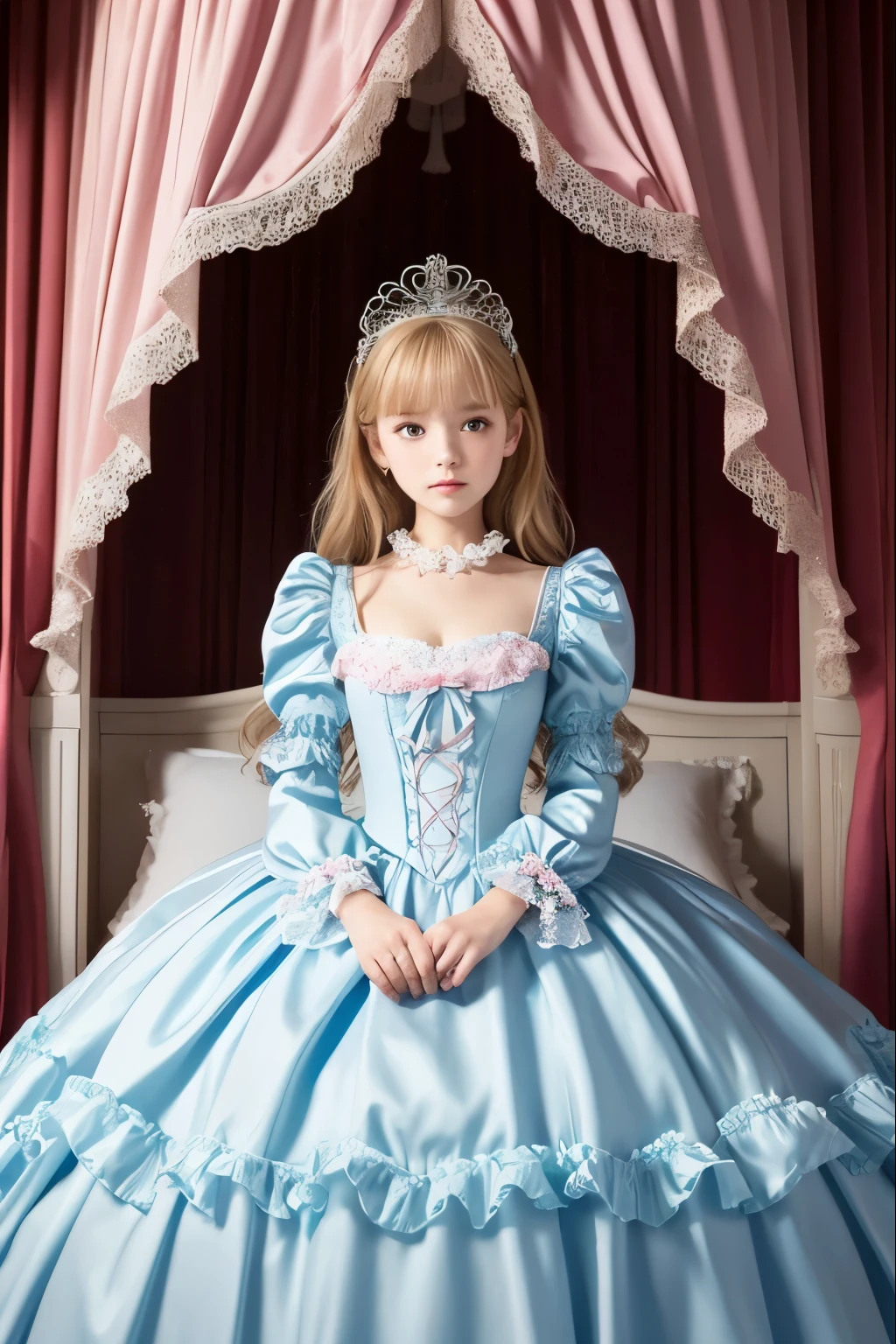,highest quality, masterpiece, highest resolution, artwork, super それにget used to it, many get used to it, get used to it, それにget used to it, 3k realistic pictures,,((10 year old s)),Ultra-detailed juvenile face,three are princesses,full length ball gown dress with hoop skirt,ruffled yoke collar,puff sleeves,long sleeve,((Lolita stylt detailed princess blue satin dress with lots of ruffles and ribbons)),Rococo style lolita fashion,y satin dress,Soft and smooth fabric,luxury,long blonde hair,blue eyes,white skin european,Pajama,((in the bedroom)),luxury princess canopy frilled bed,super detailed bed,they are lying on the bed,High-quality background,