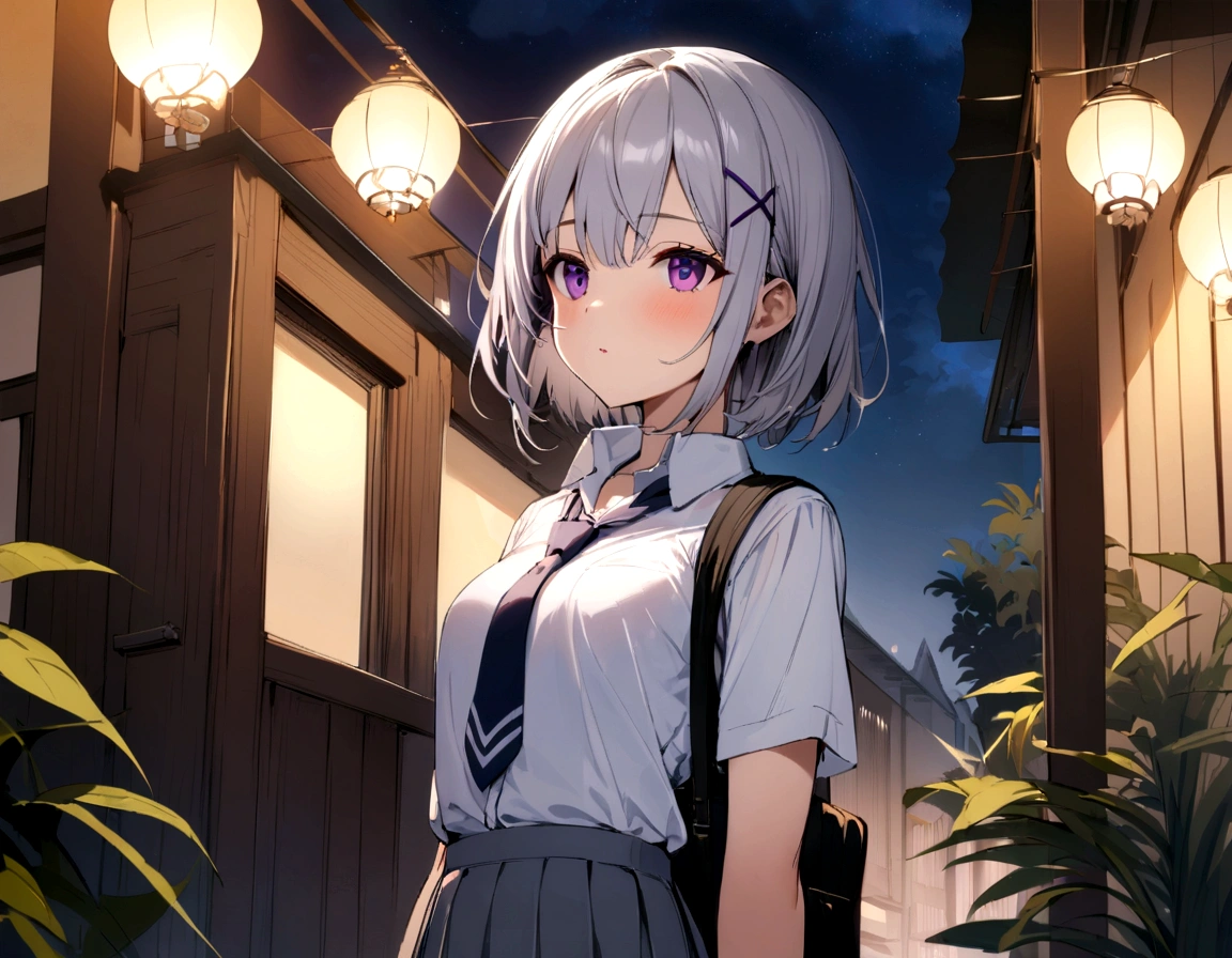 short hair, (Gray Hair:1.2), X Hair Ornament, Purple eyes,tie, girl,One person, Collared shirt, White shirt, Short sleeve, Pleated skirt, student, Highest quality, masterpiece, High resolution, summer,night